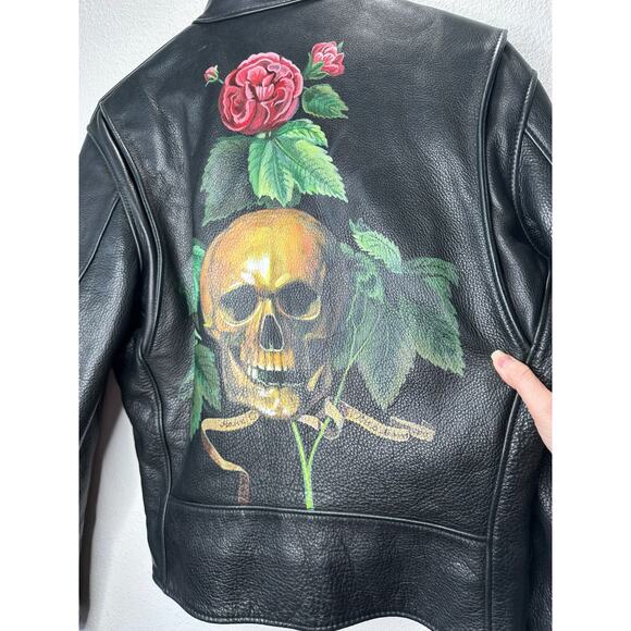 Libertine Hand-Painted Floral Skull Black Leather Moto Jacket M - Picture 8 of 16